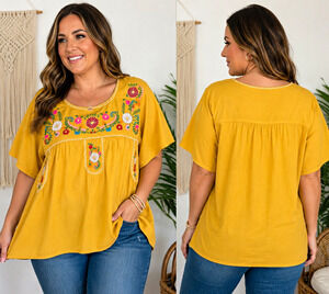 Unik Women’s XXL Mustard Yellow Embroidered Floral Boho Peasant Blouse NWT